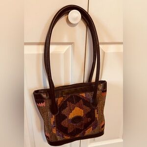 Celine Creations Vintage Kilim Brown, Peach, Dark yellow Green Wool Leather Bag